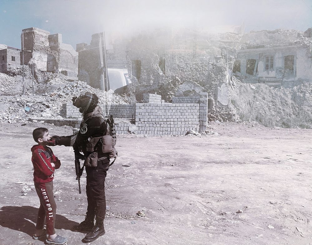 in a destroyed city, a soldier talks and cuddles a child, shot on iphone
