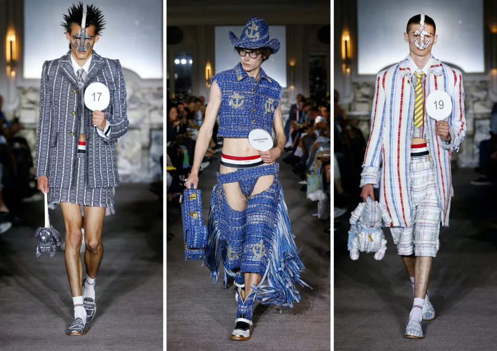 three frame image of three models on Thom Browne catwalk, handling playful and toy inspired bags